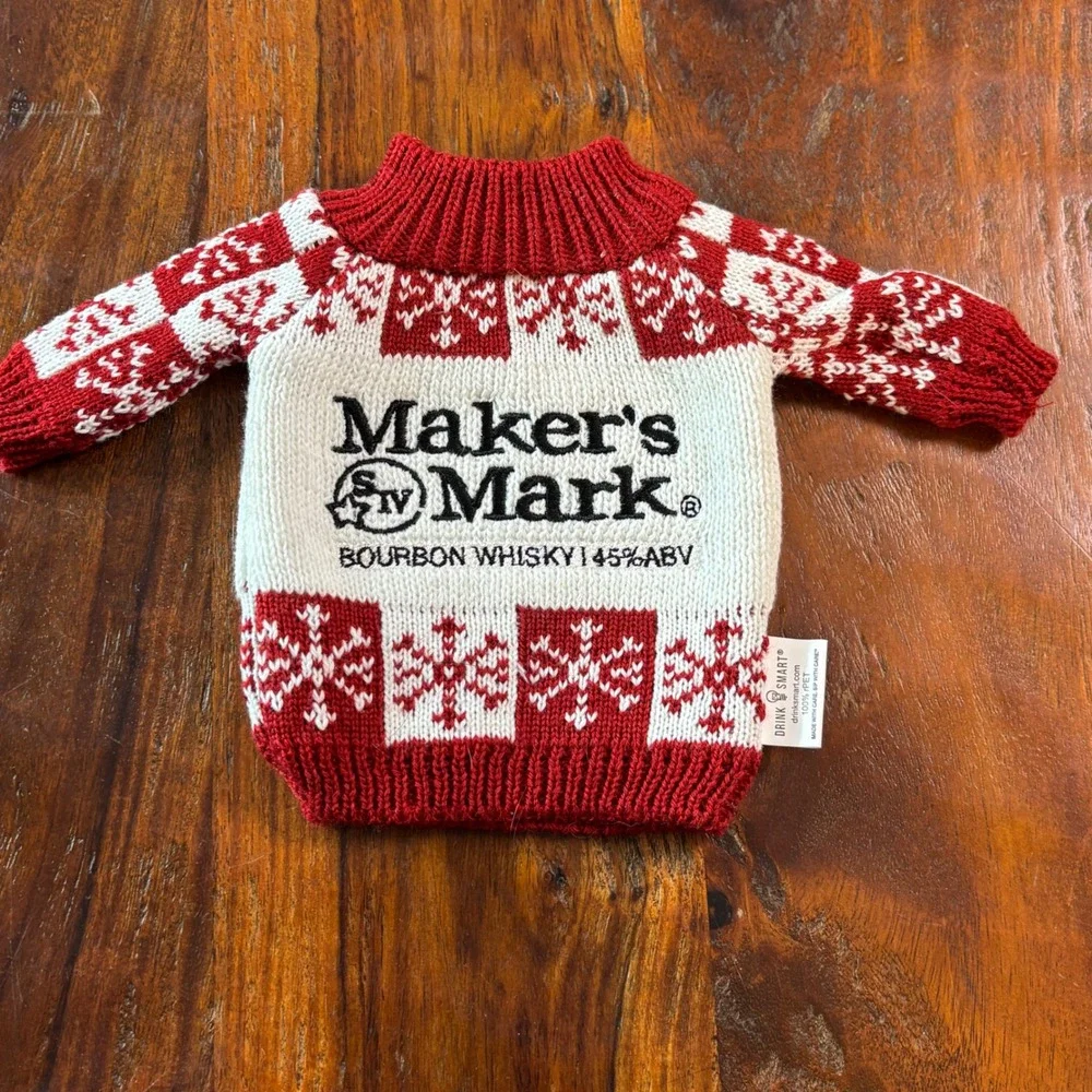 Makers Mark Bourbon Whisky Bottle Sweater Red White Snowflake Holiday Barware